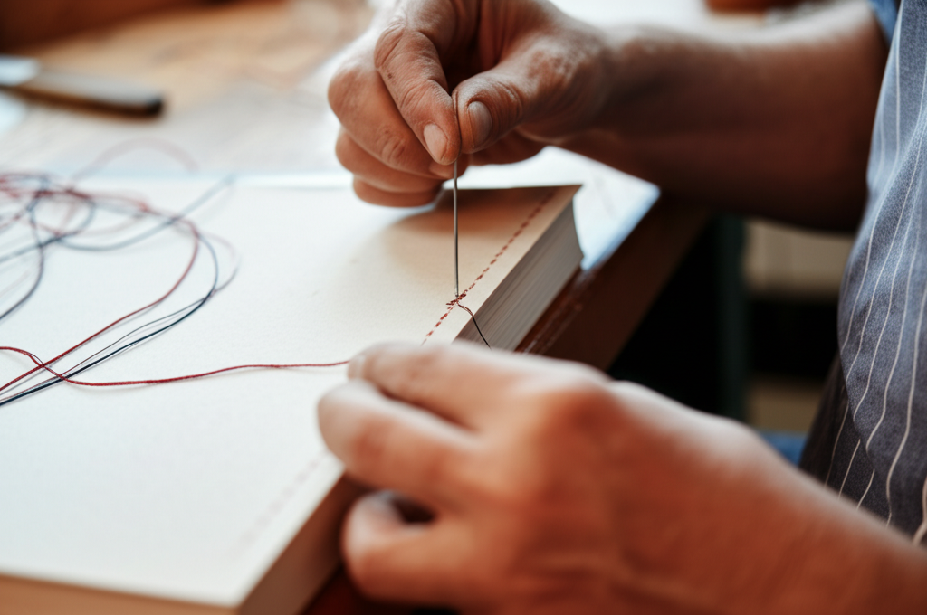 桜と職人による糸かがり製本の様子